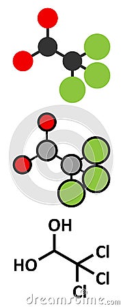 Chloral hydrate sedative and hypnotic drug molecule. Stylized 2D renderings and conventional skeletal formula Vector Illustration