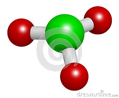 Chlorate anion, chemical structure. 3D rendering. Atoms are represented as spheres with conventional color coding: chlorine (green Stock Photo