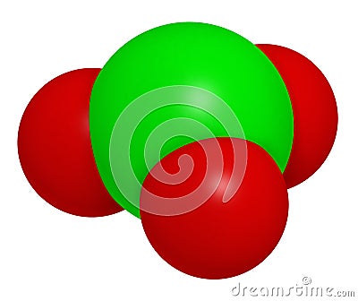 Chlorate anion, chemical structure. 3D rendering. Atoms are represented as spheres with conventional color coding: chlorine (green Stock Photo