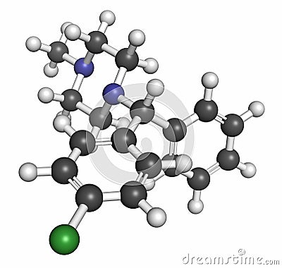 Chlorcyclizine antihistamine drug molecule. Used in treatment of allergy, urticaria, rhinitis and pruritus and possibly also to Stock Photo