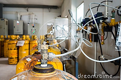 Chlorine cylinder valves of disinfection system for water treatment plant Stock Photo