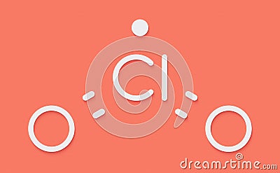 Chlorine dioxide ClO2 molecule. Used in pulp bleaching and for disinfection of drinking water. Skeletal formula. Stock Photo