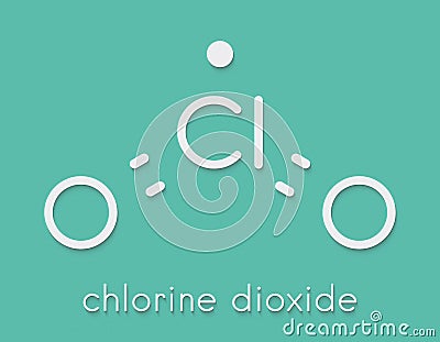 Chlorine dioxide ClO2 molecule. Used in pulp bleaching and for disinfection of drinking water. Skeletal formula. Stock Photo