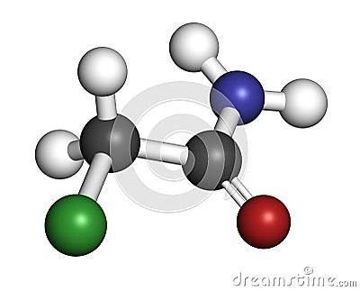 Chloroacetamide preservative molecule. 3D rendering. Atoms are represented as spheres with conventional color coding: hydrogen ( Stock Photo