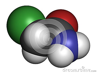 Chloroacetamide preservative molecule. 3D rendering. Atoms are represented as spheres with conventional color coding: hydrogen ( Stock Photo