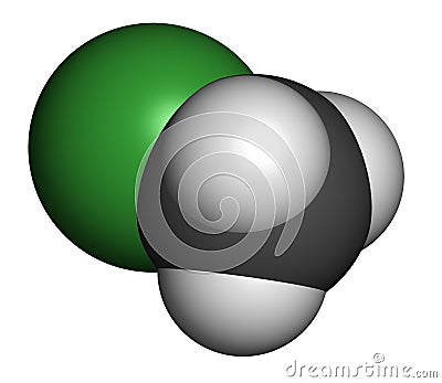 Chloromethane methyl chloride molecule. Atoms are represented as spheres with conventional color coding: hydrogen white,. Stock Photo