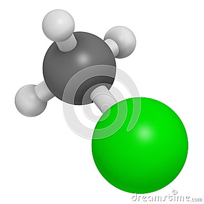 Chloromethane (methyl chloride) molecule. 3D rendering. Atoms are represented as spheres with conventional color coding: hydrogen Stock Photo