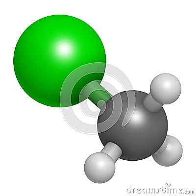 Chloromethane (methyl chloride) molecule. 3D rendering. Atoms are represented as spheres with conventional color coding: hydrogen Stock Photo