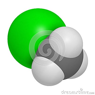 Chloromethane (methyl chloride) molecule. 3D rendering. Atoms are represented as spheres with conventional color coding: hydrogen Stock Photo