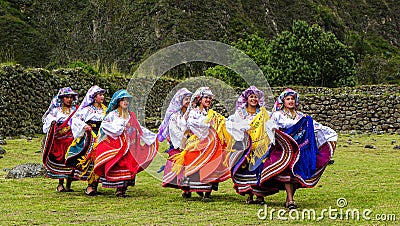 CaÃ±ari folk dancers in interior of ancient ruins, Ecuador Editorial Stock Photo