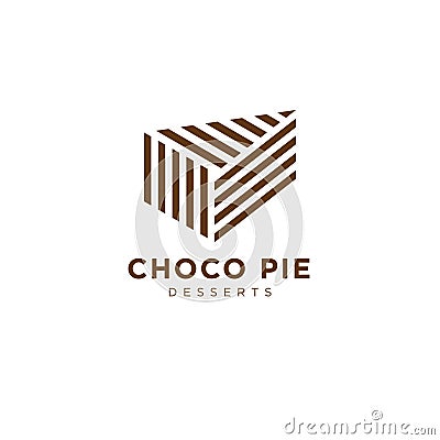 Choco pie bakery logo. Cakes, fresh pastry to order. A piece of cake consist of brown lines. Vector Illustration