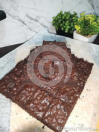 Chocochips brownies cut in square shapes Stock Photo