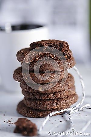 Chocolat cookies home made gift with morning coffee close up photo with chocolat cookies home made gift with morning cofbackground Stock Photo