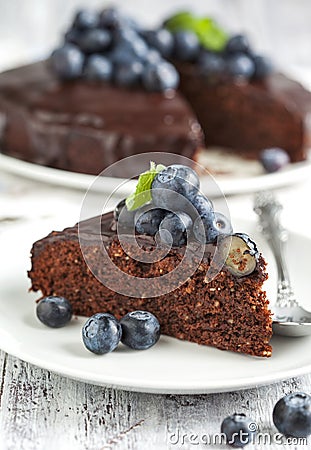 Chocolate almond cake with blueberry Stock Photo