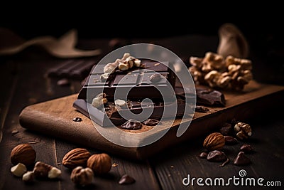 Chocolate almond nuts on board. Generate Ai Stock Photo