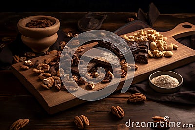 Chocolate almond sweet dessert on board. Generate Ai Stock Photo