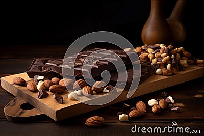 Chocolate almond on wooden board. Generate Ai Stock Photo