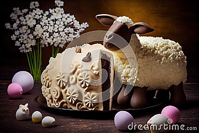chocolate appetizing easter lamb cake with decoration of marshmallow and chocolate Stock Photo