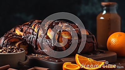 Chocolate Babka with oranges. Orange pastries on a marble table. Homemade cake. Generative AI Stock Photo