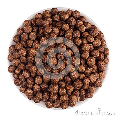 Chocolate balls corn flakes in white bowl isolated, top view. Cereals. Stock Photo