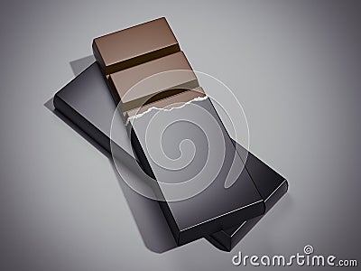 Chocolate bar in black wrapper. 3d rendering Stock Photo