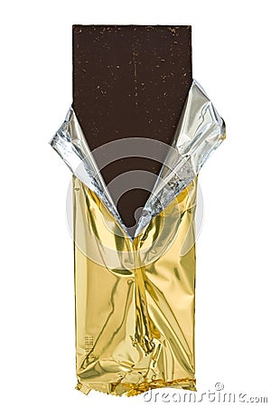 Chocolate bar in golden foil. Stock Photo