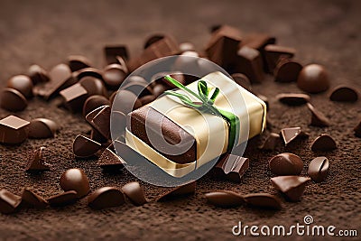 Chocolate bar with golden wrapped and green tape on top of chocolate chips and powder. Concept and promotion Stock Photo