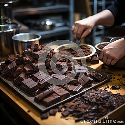 Chocolate bar in the hands of a professional barista, close-up Stock Photo