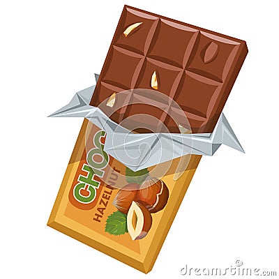 Chocolate bar with hazelnut. Milk chocolate. Sweetened block made from roasted and ground cacao seeds. Milk chocolate bar Vector Illustration