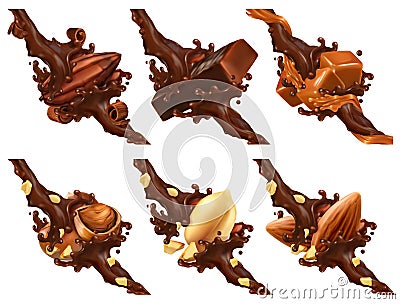 Chocolate bar, nuts, caramel, cocoa bean in chocolate splash Vector Illustration