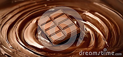 Chocolate bar over melted dark chocolate swirl liquid background. Confectionery concept backdrop Stock Photo