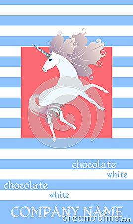 Chocolate bar package design with cute unicorn on red background and blue and white stripes. Editable packaging template Vector Illustration