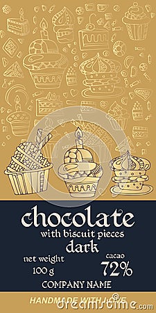 Chocolate bar package design with pastry on golden background. Invitation or greeting card. Easy editable packaging template Vector Illustration