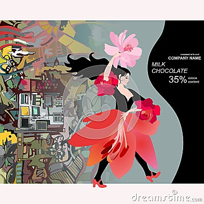 Chocolate bar package design with yong flamenco dancer in skirt in shape of lily flower against green town and guitar silhouette Vector Illustration