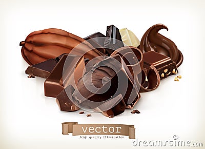Chocolate bars, candy, slices, shavings and pieces, vector illustration Vector Illustration