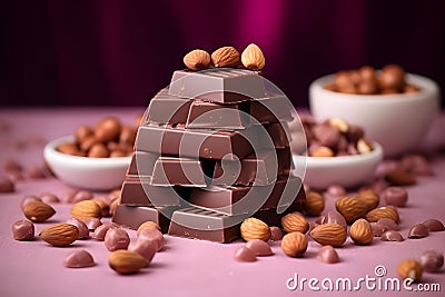 Chocolate bars with nuts. Sweets with pistachios, walnuts, peanuts. Promotional commercial photo Stock Photo