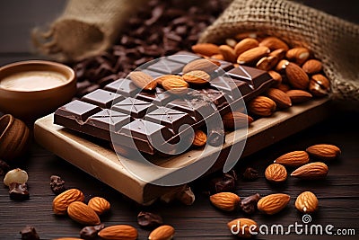 Chocolate bars with nuts. Sweets with pistachios, walnuts, peanuts. Promotional commercial photo Stock Photo