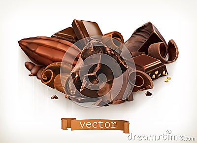 Chocolate bars and pieces, shavings and cocoa fruit. Vector illustration Vector Illustration