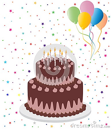 Chocolate birthday cake with balloons Vector Illustration