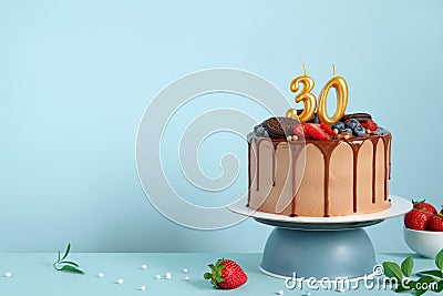 Chocolate birthday cake with berries, cookies and number 30 golden candles on blue wall background, copy space Stock Photo