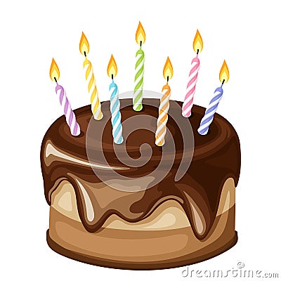 Chocolate birthday cake with candles. Vector illustration. Vector Illustration