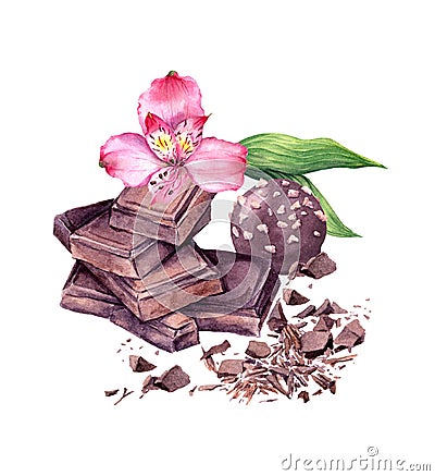 Chocolate block, chocolate candy and pink flower. Watercolor Stock Photo