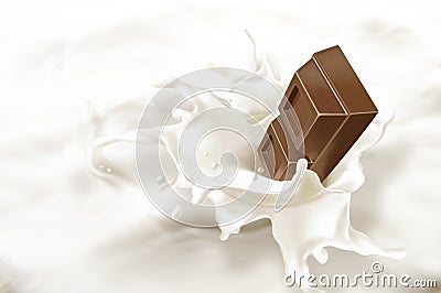 Chocolate block falling into a sea of milk. Stock Photo
