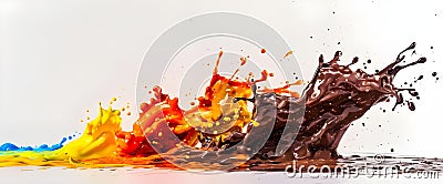 Chocolate bomb creates colorful sugar waves, explosion, impact, delicious dessert, splash, white background, Generative AI Stock Photo