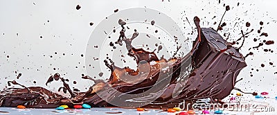 Chocolate bomb creates colorful sugar waves, explosion, impact, delicious dessert, splash, white background, Generative AI Stock Photo