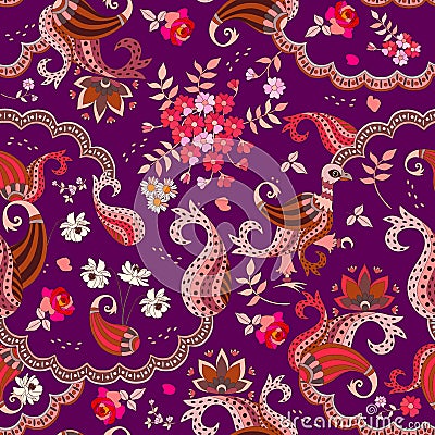 Chocolate box design. Ethnic seamless pattern with paisley, flowers and magic bird in vector isolated on dark purple background Vector Illustration