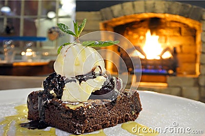 Chocolate Brownie cake with vanilla ice cream Stock Photo