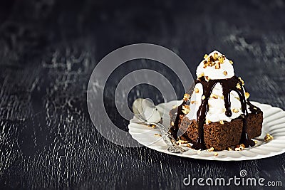 Chocolate Brownie Sundae with Whipped Cream Stock Photo