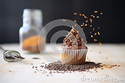 chocolate buttermilk frosting spread on cupcake, close-up Stock Photo