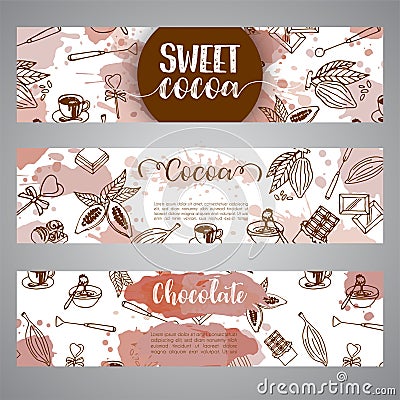 Chocolate cacao sketch banners. Design menu for restaurant, shop, confectionery, culinary, cafe, cafeteria, bar. Cocoa Vector Illustration